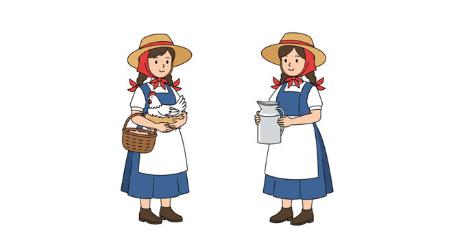 Young farm girls dressed in traditional aprons and hats with one holding a white hen and the other carrying a metal milk jug for rustic themes.