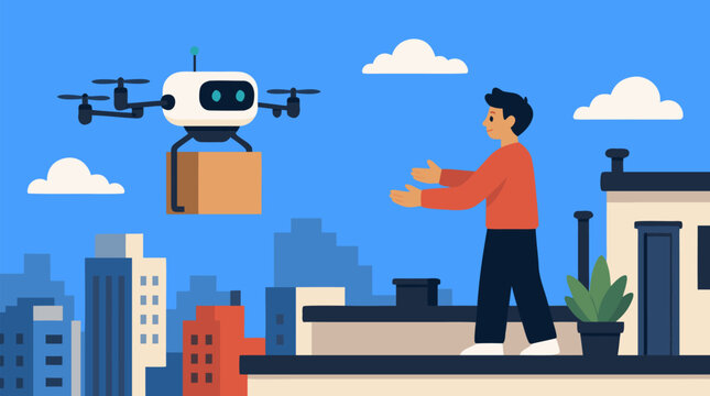 Autonomous drone delivering cardboard package to customer on urban rooftop terace with cityscape background flat vector illustration of modern logistics technology service