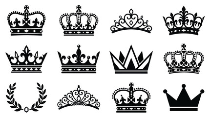 Royal crowns and tiaras are displayed in various designs and styles together. © Terastal 