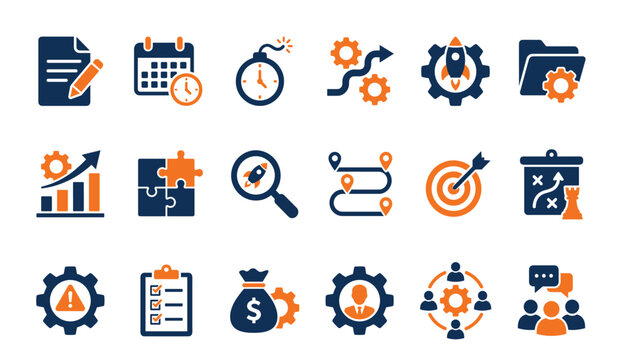 Project management and corporate business strategy flat glyph icon set. Startup rocket, gear workflow, target goal, puzzle teamwork, calendar time planning and financial investment.