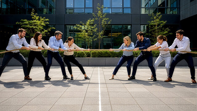 Corporate team‑building tug of war game in a modern office courtyard, two teams of employees pulling hard on the rope to force opposing group across a chalk boundary line during seminar activity