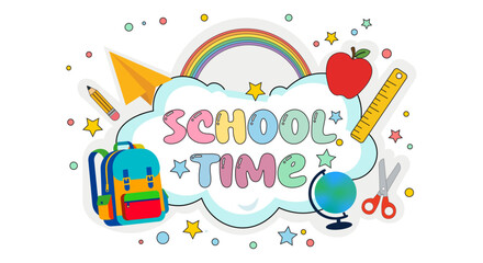 Fototapeta premium School Time Colorful Typography with School Supplies Flat Vector Illustration