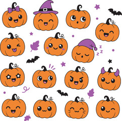 Obraz premium Cute Halloween Pumpkin Character Clipart Bundle, Kawaii Jack O Lantern Vector Collection, Funny Pumpkin Set
