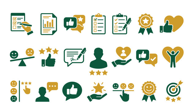 Customer feedback and business survey flat glyph icon set. Review rating, thumbs up, checklist test, testimonial message, client satisfaction and quality emblem achievement.