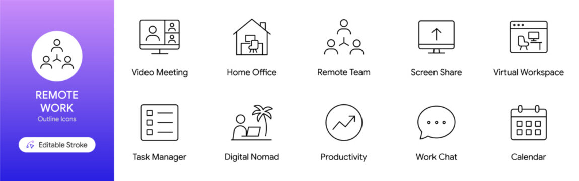 Remote Work icons set including video meeting, home office, and productivity