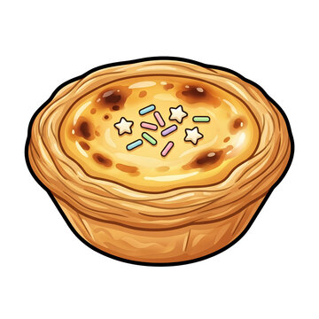 Cute Portuguese egg tart with sprinkles cartoon vector illustration isolated on white