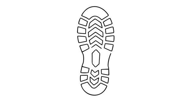 Clean black and white line art vector icon of a hiking boot print, perfect for outdoor adventure branding, trail marking, or camping gear design projects.