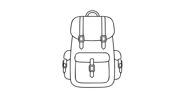 A clean black and white line art vector icon of a hiking rucksack with roll-top closure and side compression straps, ideal for outdoor retail packaging or adventure blog graphics.