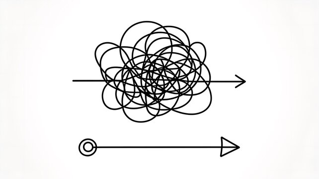 Tangled scribbles, messy loops, arrow direction, simple black lines, minimalist design elements