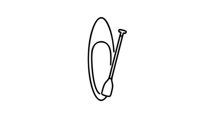 A clean black and white line art vector icon of a paddleboard with an upright paddle, great for water sports branding, summer activity promotions, or outdoor recreation guides. © MDRasel