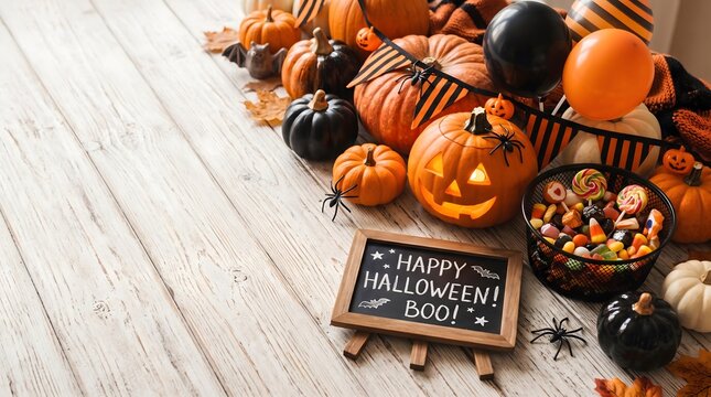 Halloween decorations with pumpkins candy and a chalkboard sign