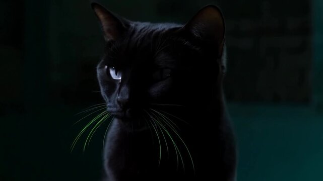 Black cat with bright green whiskers gazes intently, showcasing its sleek fur and distinct features in a dimly lit indoor space with a textured background