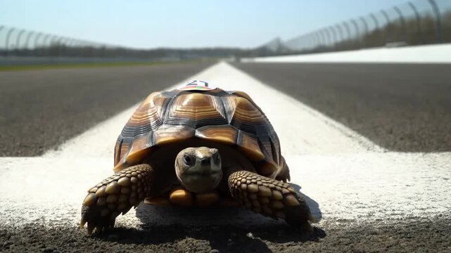 Tortoise slowly moves forward on a racetrack, crossing the white line with a clear blue sky and distant fencing visible in the background