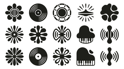 Collection of abstract music and sound-related black and white icons. © Sapu