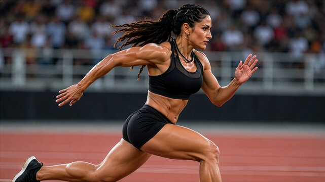 Powerful Indian Female Sprinter in Side Profile Sprint on Stadium Track, Elite Speed, Strength and Athletics Performance