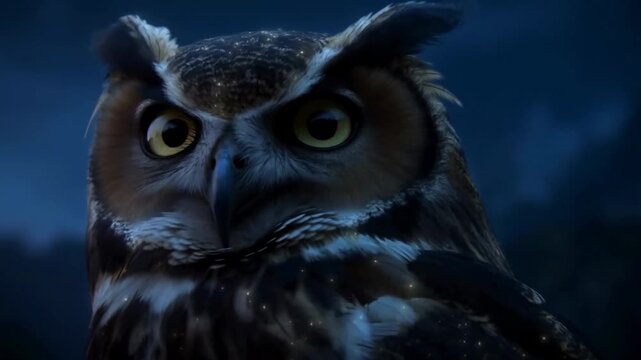 Owl with striking yellow eyes and intricate feather patterns gazes intently into the night, showcasing its majestic presence in a dark forest setting
