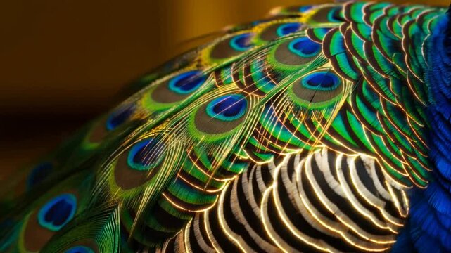 Vibrant peacock feathers display intricate patterns and vivid colors, showcasing the stunning iridescence and texture in a close-up view against a blurred background