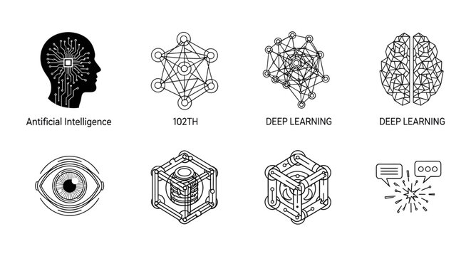 Artificial intelligence and deep learning concept with brain and neural network icons.