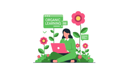 Fototapeta premium Organic Learning Concept: Woman Studying with Laptop in a Lush Flower Garden Illustration