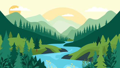 Serene mountain valley with a winding river flowing through lush green forests under a warm, setting sun. © yanto
