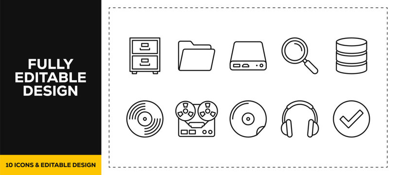 flat vector illustration line art icon bundle set design displaying digital computer hardwares vinyl records cassette tapes headphones and tech equipments graphics UI