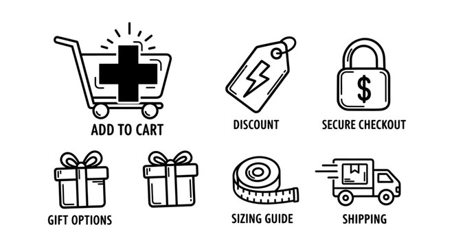 Ecommerce icons set including add to cart, discount, secure checkout, gift options, sizing guide, shipping