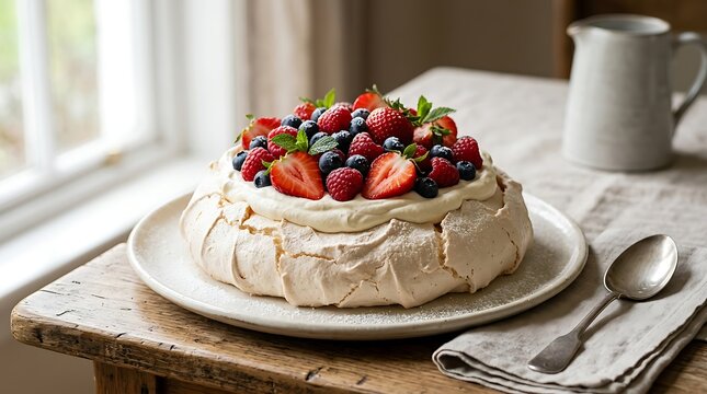 Fresh berry pavlova cake on rustic wooden table