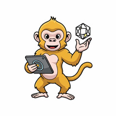 Cartoon Monkey Holding Tablet and Geometric Shape.