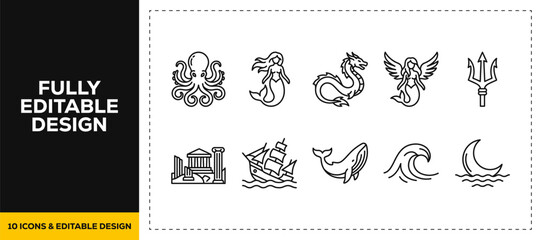 flat vector illustration line art icon bundle set design depicting mythological sea creatures ocean marine biology mermaids octopus and water monster legends graphic UI © SQUISH