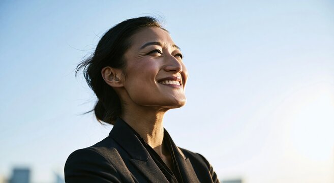 Smiling businesswoman outdoors in sunlight, looking into the distance