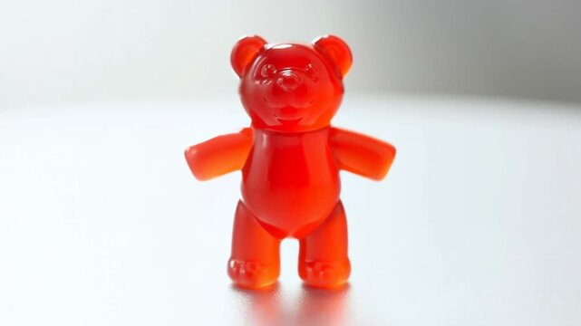 Red gummy bear candy figure with arms raised, showcasing a playful pose against a soft white background, highlighting its glossy texture and vibrant color