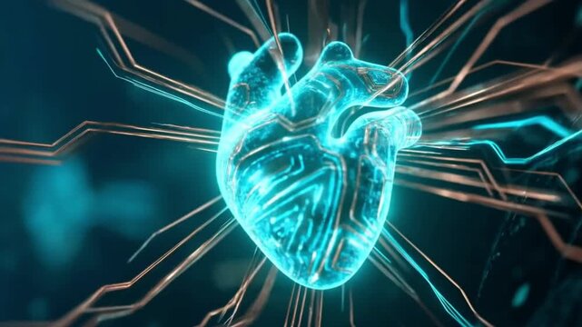 futuristic holographic digital human heart rotating with glowing cyber circuit lines