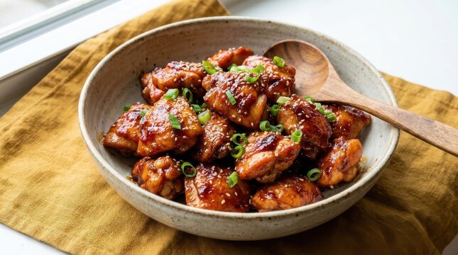 Glazed teriyaki chicken thighs in a ceramic bowl