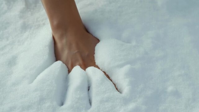 Hand of a young woman gently touches and presses into soft, white snow, creating impressions in the snow surface during a winter scene outdoors