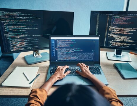 developer hands typing code on keyboard multiple computer screens displaying programming language and data in modern it office
