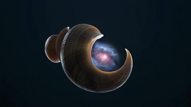 Spiral seashell with cosmic view transitions from closed to partially open, revealing a galaxy inside against a dark background in a visually captivating sequence