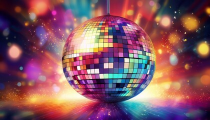party invitation poster background with colorful disco ball the background is filled with scattered bokeh sparkles and glitter effects in various colors space for text