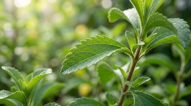 A vibrant close-up shot of a fresh green stevia plant leaf with intricate veins and soft morning light glowing in the blurred natural background