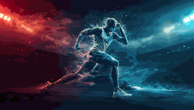 A dynamic digital art illustration of a sprinter exploding with energy on a stadium track, with contrasting red and blue lighting.
