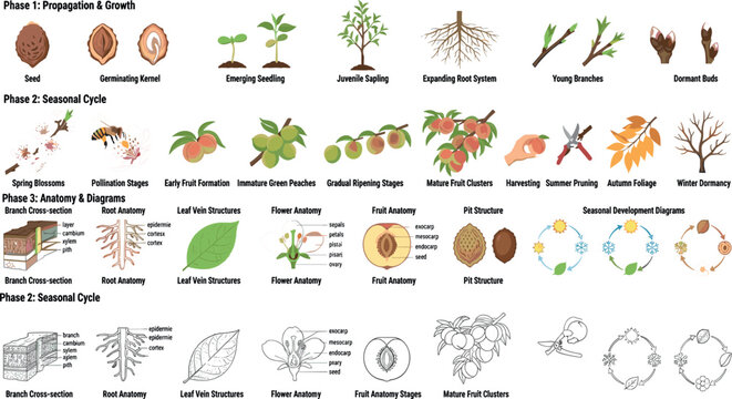 Peach tree life cycle botanical science diagram elements vector set with growth phases pollination anatomy charts and educational line art icons