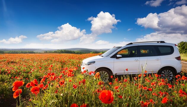 summertime tourism travel trip leisure time vacation mode summer landscape with white car and poppy field a car driving through a field of poppies