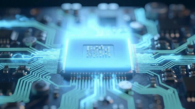 Advanced AI processor animation with semiconductor circuit technology, high speed digital computing and intelligent data processing, futuristic electronic hardware background video