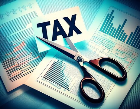 tax concept with scissors cutting the word tax over financial data sheets symbolizing tax reduction financial planning accounting strategy and cost efficiency in business and corporate finance