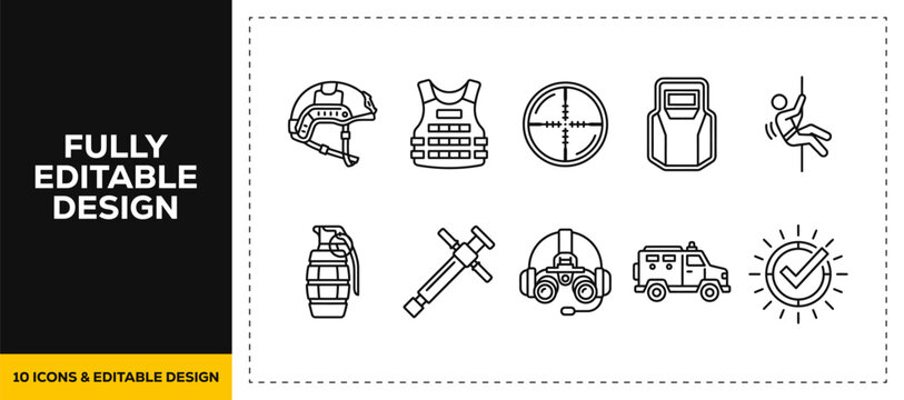 flat vector illustration line art icon bundle set design highlighting military defense army soldiers equipment weapons grenades bulletproof vests and combat graphics UI