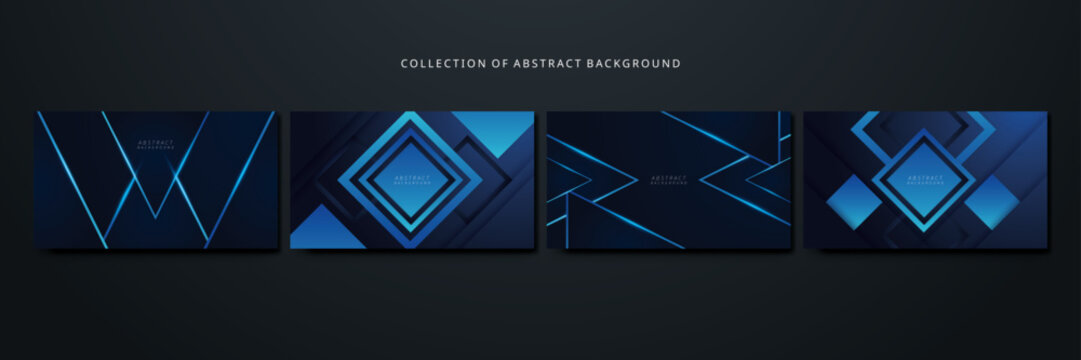 A collection of modern dark blue abstract vector background designs with glowing neon light lines