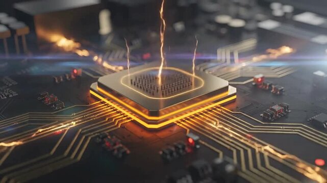 Advanced semiconductor processor animation with AI circuit technology, high speed digital computing and intelligent data processing, futuristic electronic hardware background video