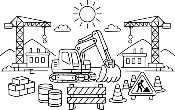 chantier de construction, dessin au trait dessin&eacute; &agrave; la main, illustration style gribouillage &agrave; colorier pour enfants