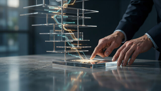 Close up of businessman hands interacting with futuristic glass architectural model with glowing data lines on corporate office desk