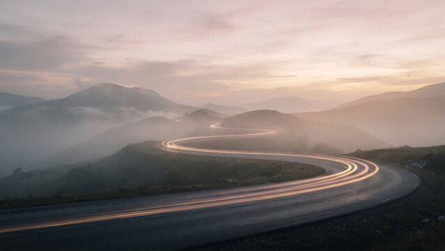 autonomous vehicle data flow on mountain road at sunset