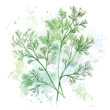 Dill watercolor illustration, semi-realistic fantasy style, subtle magical elements, soft glow, isolated on white background